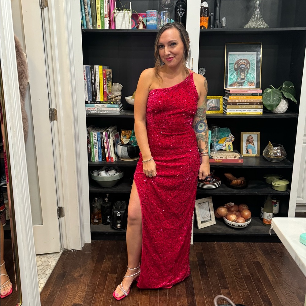 Hot Pink Sequin 1 shoulder slit dress